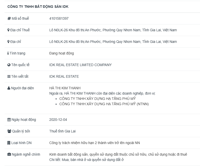 Thông tin pháp lý Công ty TNHH Bất động sản IDK Gia Lai mã số thuế 4101581397 địa chỉ Khu đô thị An Phước Quy Nhơn Nam