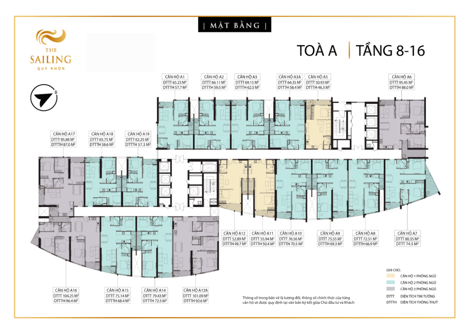 Mặt bằng tháp A The Sailing Quy Nhơn cao 36 tầng với 19 căn hộ mỗi tầng
