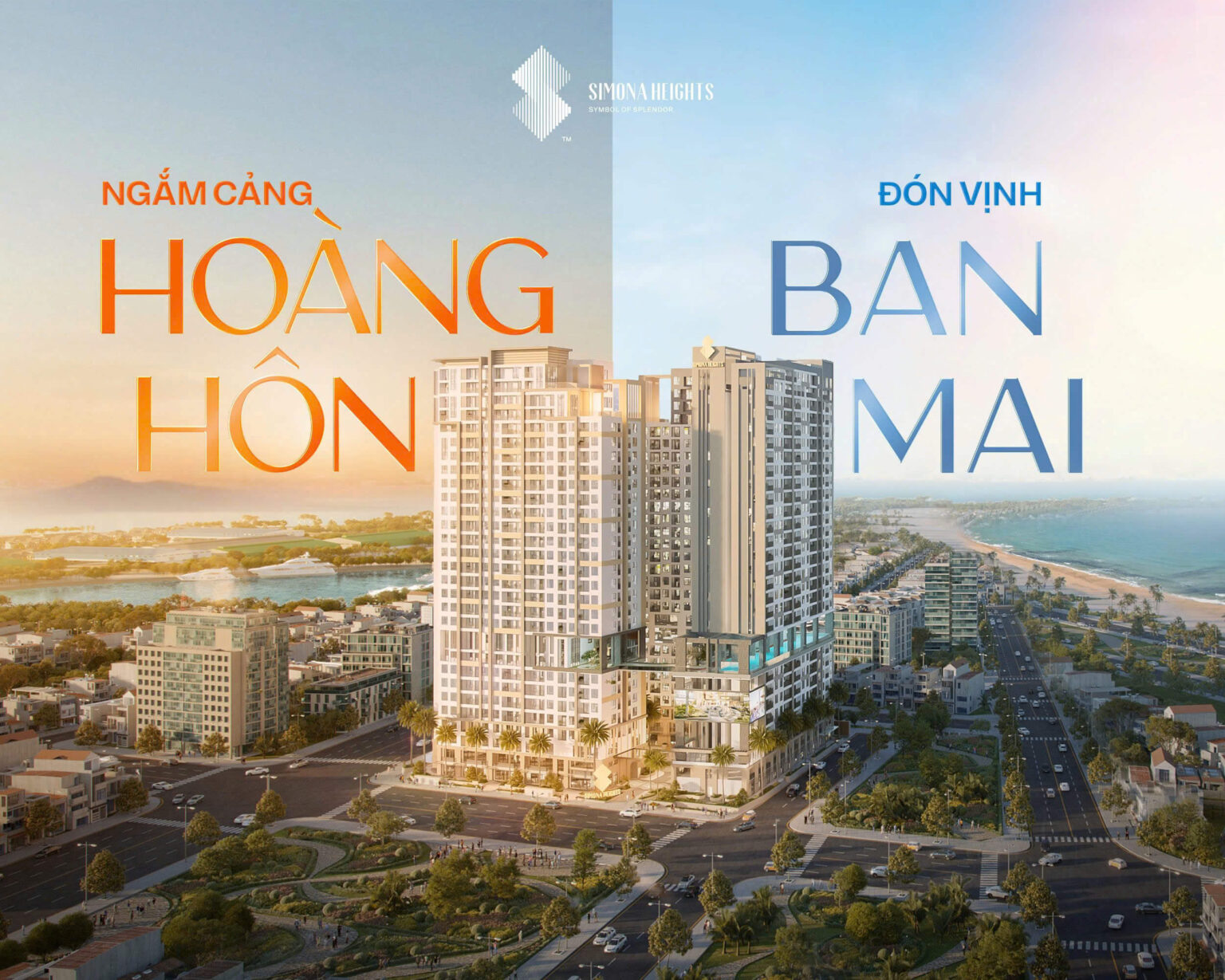 Tổng thể dự án Simona Heights Quy Nhơn gồm hai tòa tháp view biển và Đầm Thị Nại vị trí trung tâm thành phố