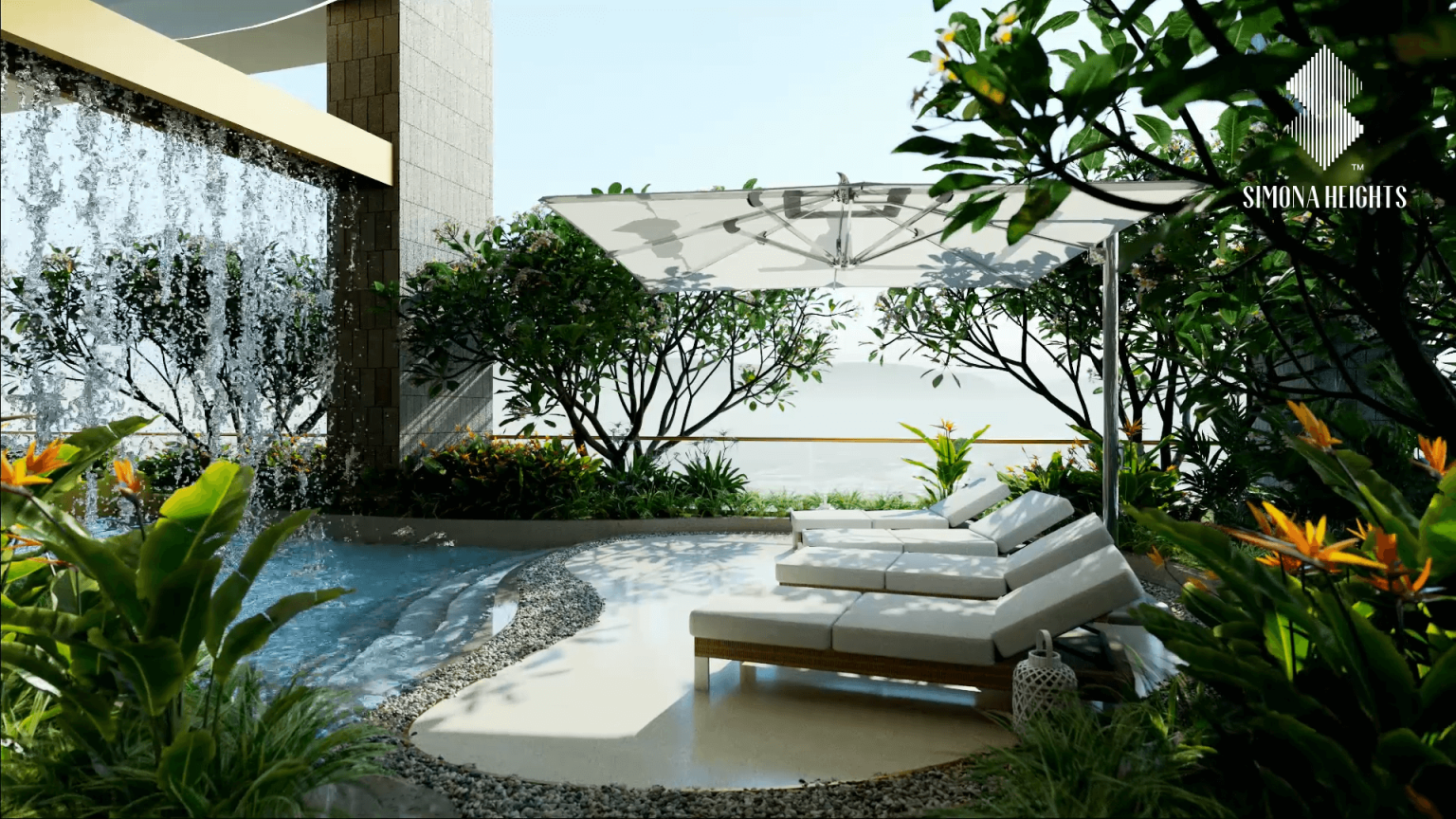 Hồ bơi và garden lounge tại Simona Heights Quy Nhơn được thiết kế theo phong cách nghỉ dưỡng cao cấp, kết hợp thác nước, cây xanh và không gian thư giãn riêng tư. Đây là điểm nhấn tiện ích nổi bật, mang đến trải nghiệm sống xanh và thư thái ngay giữa trung tâm thành phố.