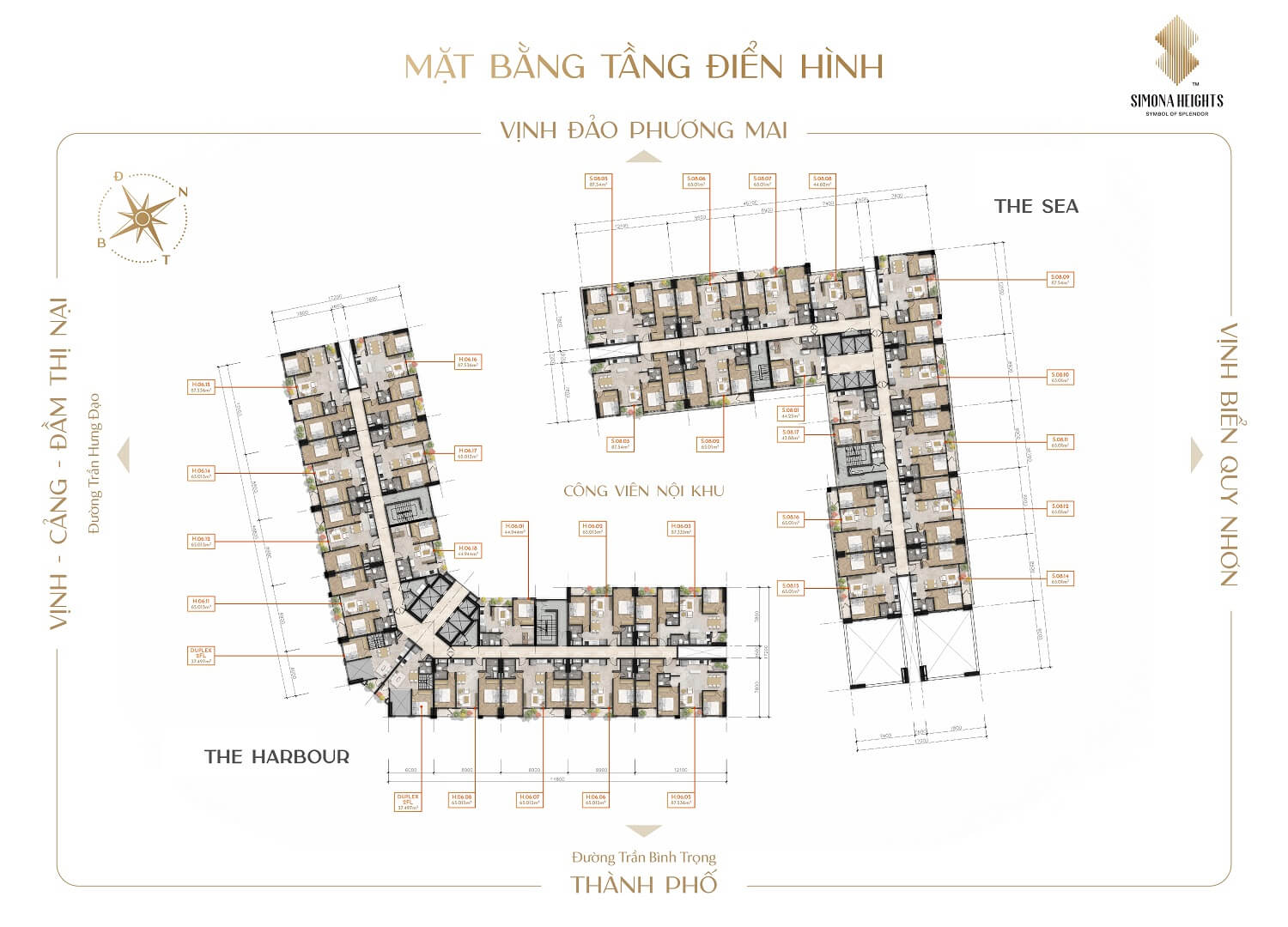Mặt bằng tầng điển hình căn hộ Simona Heights Quy Nhơn bố trí khoa học view biển và công viên nội khu