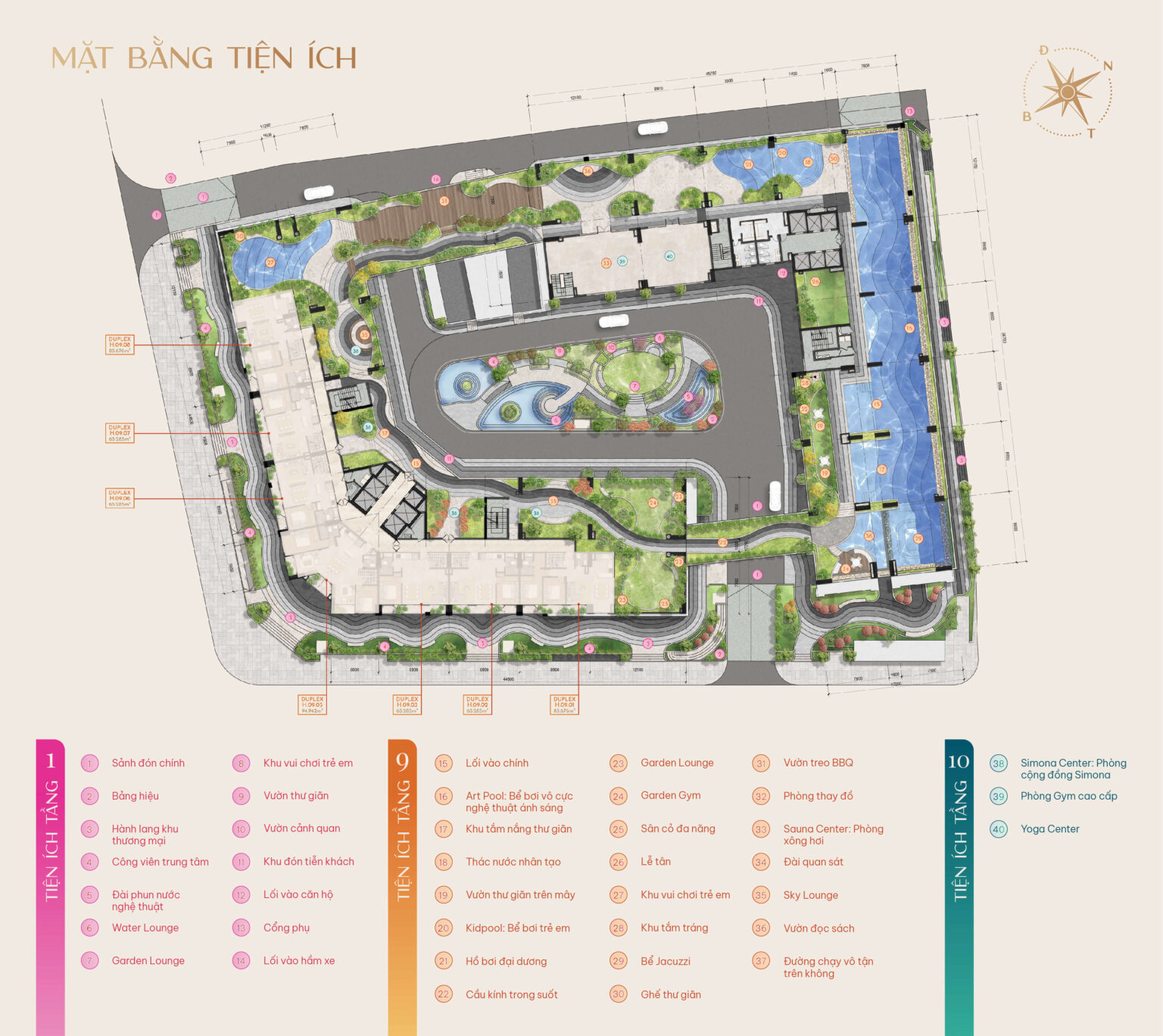 Mặt bằng tiện ích Simona Heights Quy Nhơn được quy hoạch đồng bộ với hệ tiện ích cao cấp như hồ bơi trung tâm, công viên xanh, khu BBQ ngoài trời, phòng gym, khu vui chơi trẻ em và đường dạo bộ. Đây là mô hình sống khép kín hiếm có ngay tại trung tâm thành phố, phù hợp để an cư và đầu tư lâu dài.