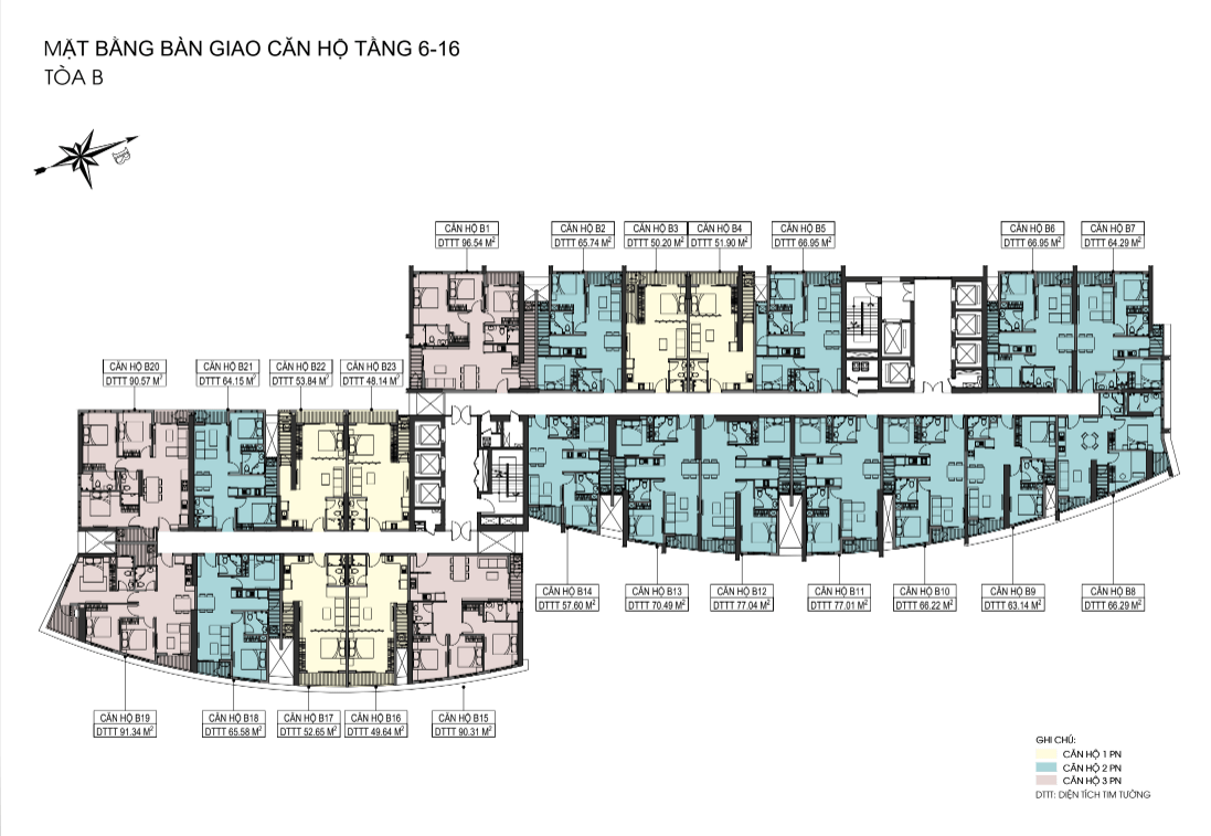 Mặt bằng tháp B The Sailing Quy Nhơn cao 41 tầng với 23 căn hộ mỗi tầng