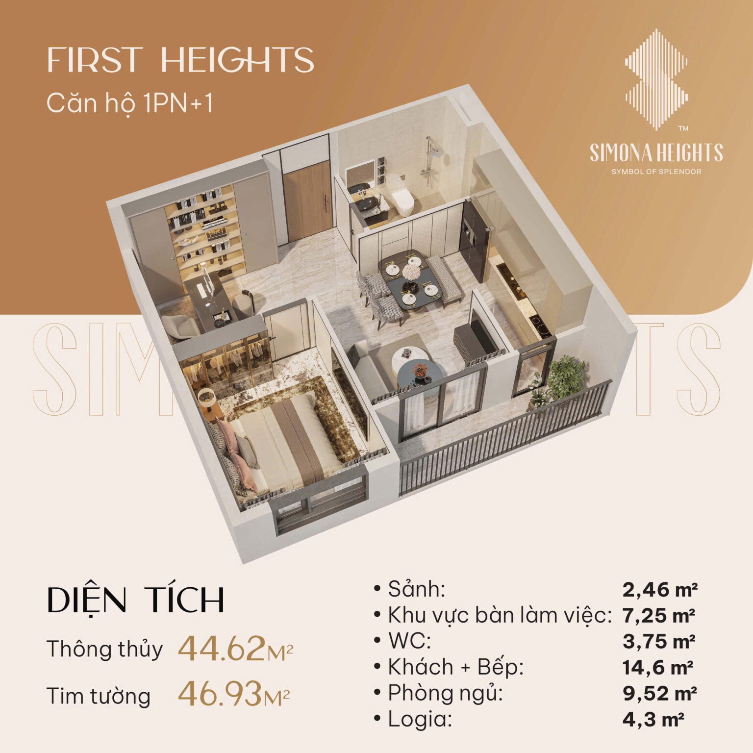 Mặt bằng căn hộ 1 phòng ngủ 1 Simona Heights Quy Nhơn diện tích 45m2 thiết kế hiện đại có ban công