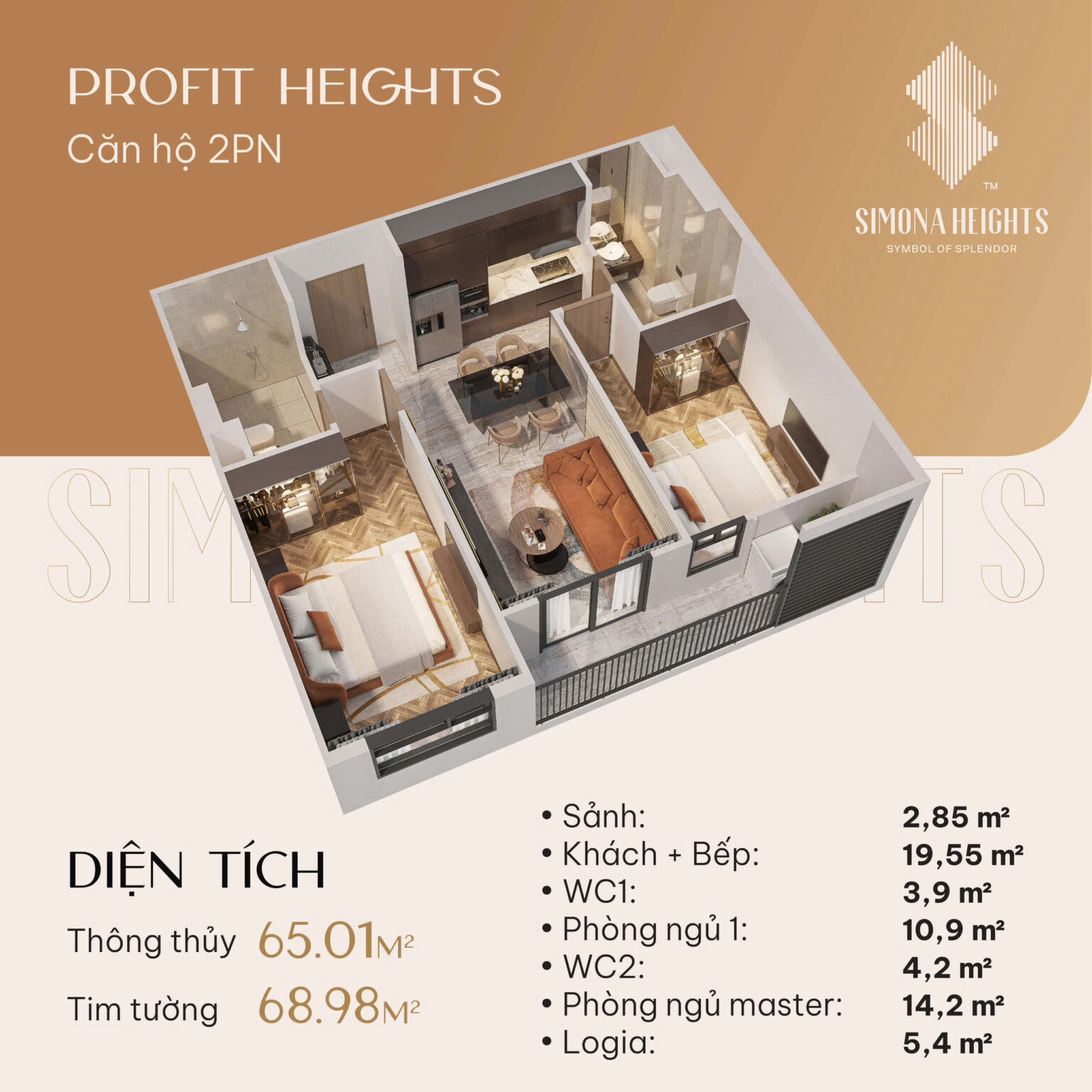 Mặt bằng căn hộ 2 phòng ngủ Simona Heights Quy Nhơn diện tích 65m2 thiết kế hiện đại có ban công