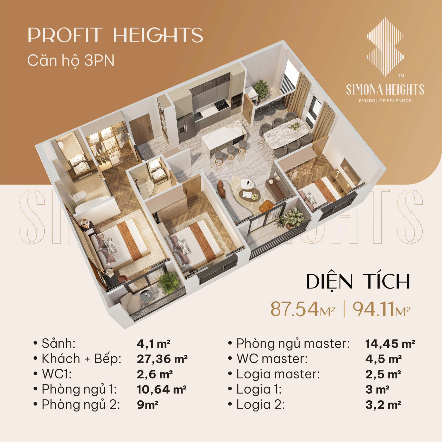 Mặt bằng căn hộ 3 phòng ngủ Simona Heights Quy Nhơn diện tích 87m2 đến 94m2 thiết kế rộng rãi hiện đại