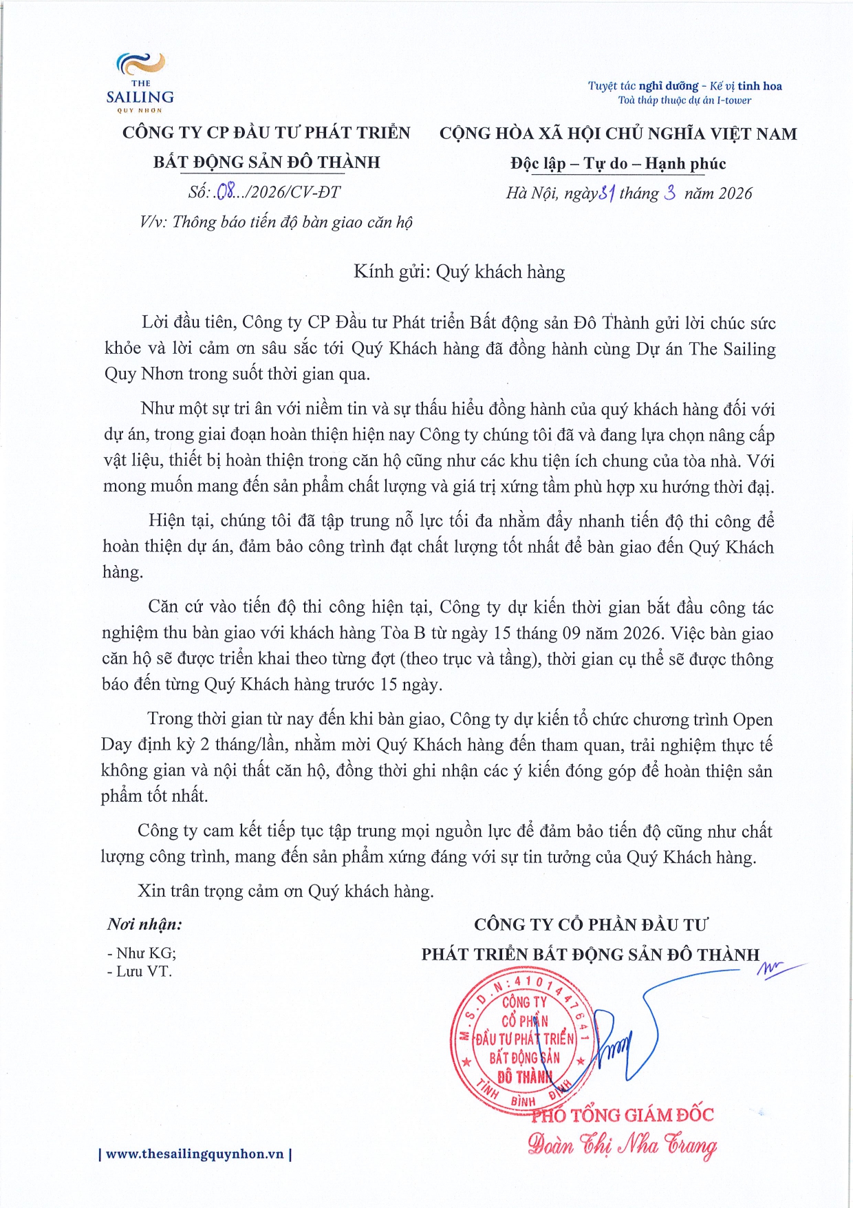 Thông báo tiến độ bàn giao căn hộ The Sailing Quy Nhơn dự kiến từ 15/09/2026 do CĐT Đô Thành phát hành