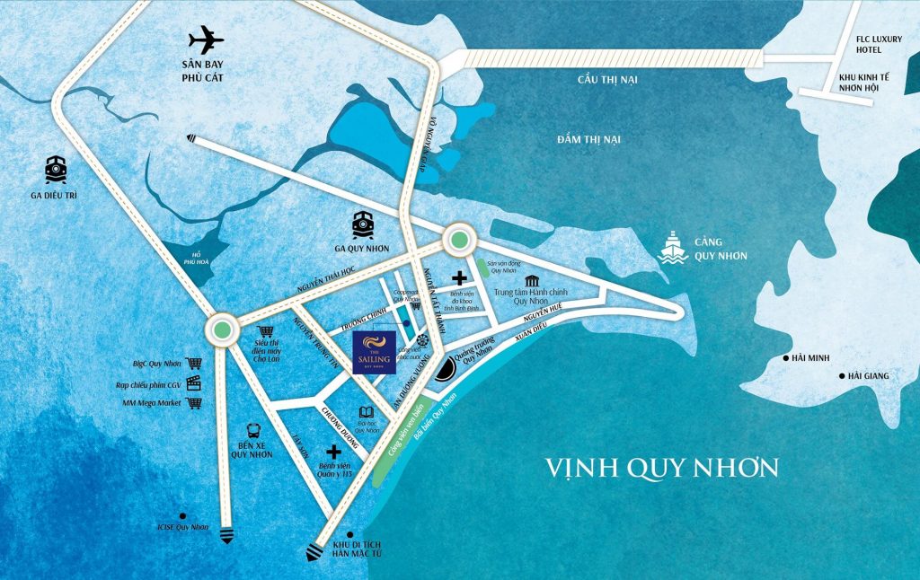 Vị trí dự án The Sailing Quy Nhơn tọa lạc 3 mặt tiền đường Lê Duẩn Vũ Bảo Nguyễn Tư trung tâm TP Quy Nhơn gần biển Xuân Diệu