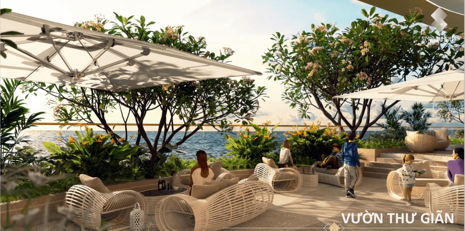 Vườn thư giãn tại Simona Heights Quy Nhơn với không gian xanh view biển khu lounge nghỉ dưỡng cao cấp