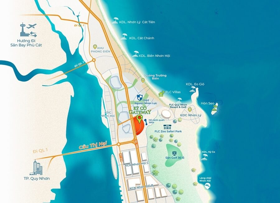 Sơ đồ vị trí kết nối giao thông chiến lược dự án Kỳ Co Gateway Nhơn Hội New City Phân khu 9