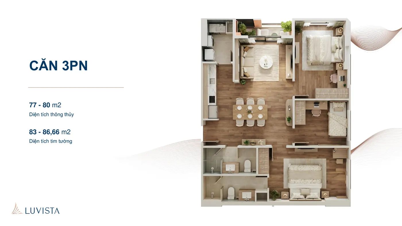 Phối cảnh thiết kế căn hộ 3PN Luvista Quy Nhơn
