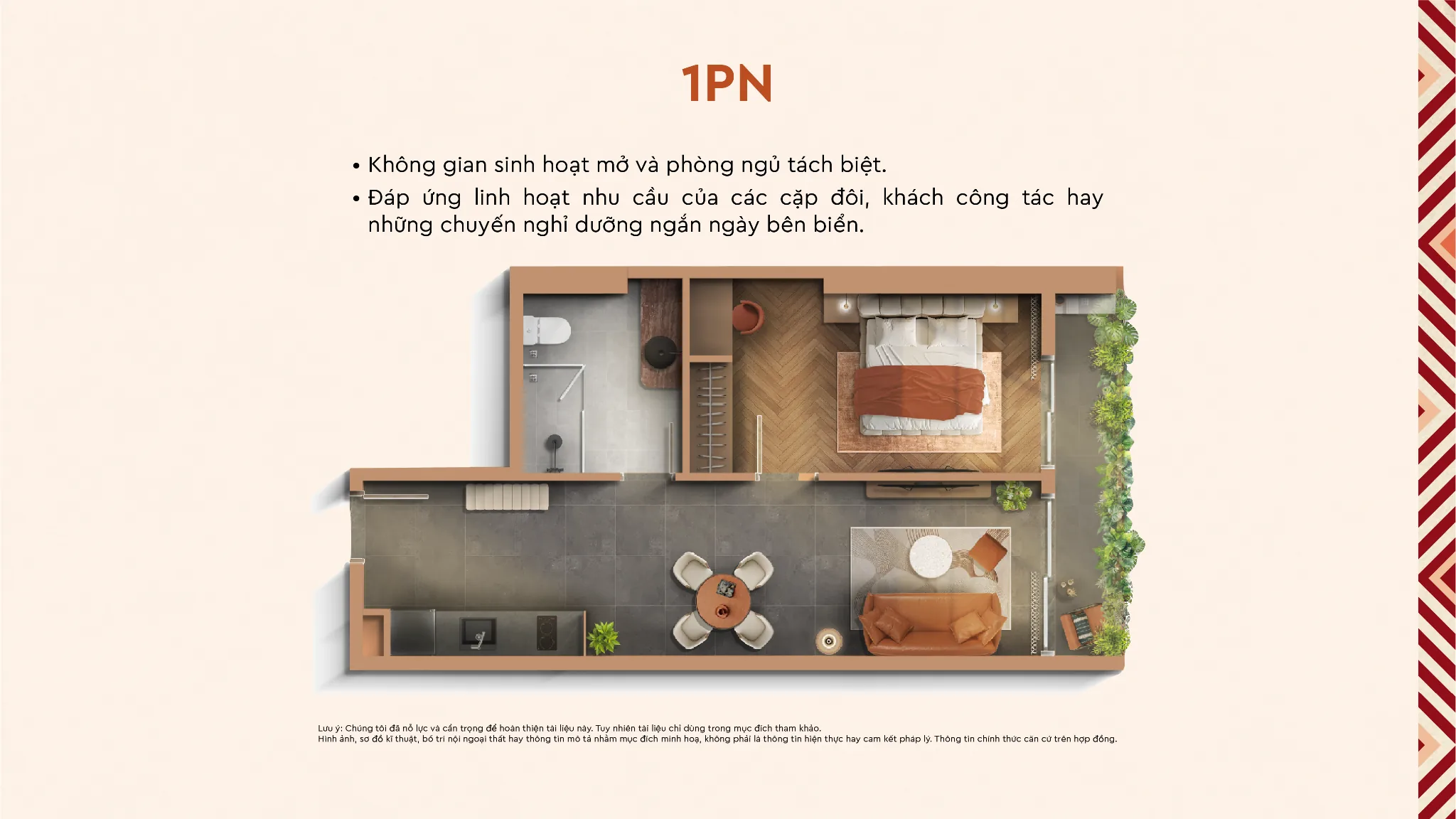 Mặt bằng căn hộ 1PN Q Terra Quy Nhơn thiết kế phòng ngủ riêng biệt