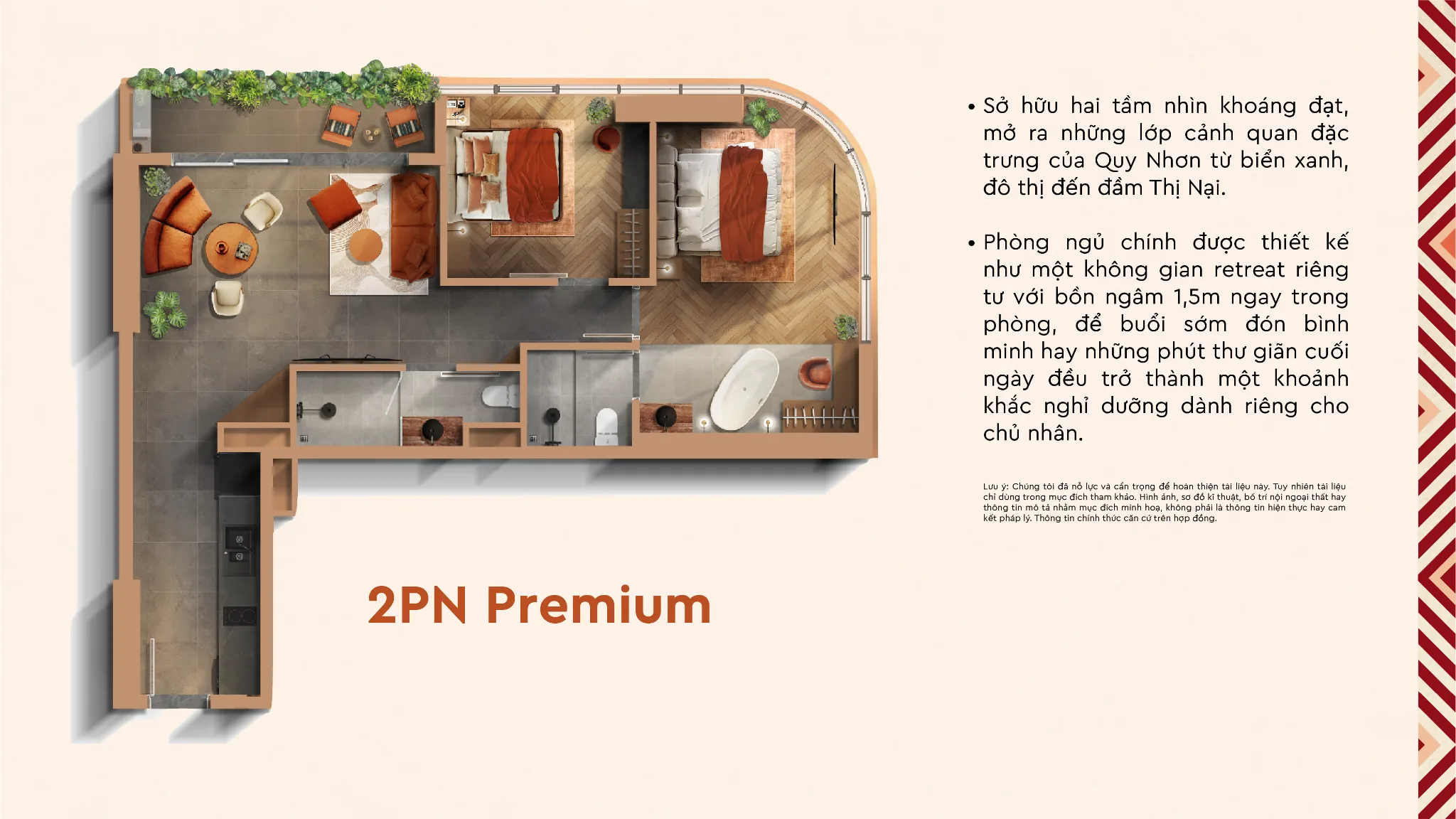Mặt bằng căn hộ 2PN Premium Q Terra Quy Nhơn thiết kế nghỉ dưỡng cao cấp