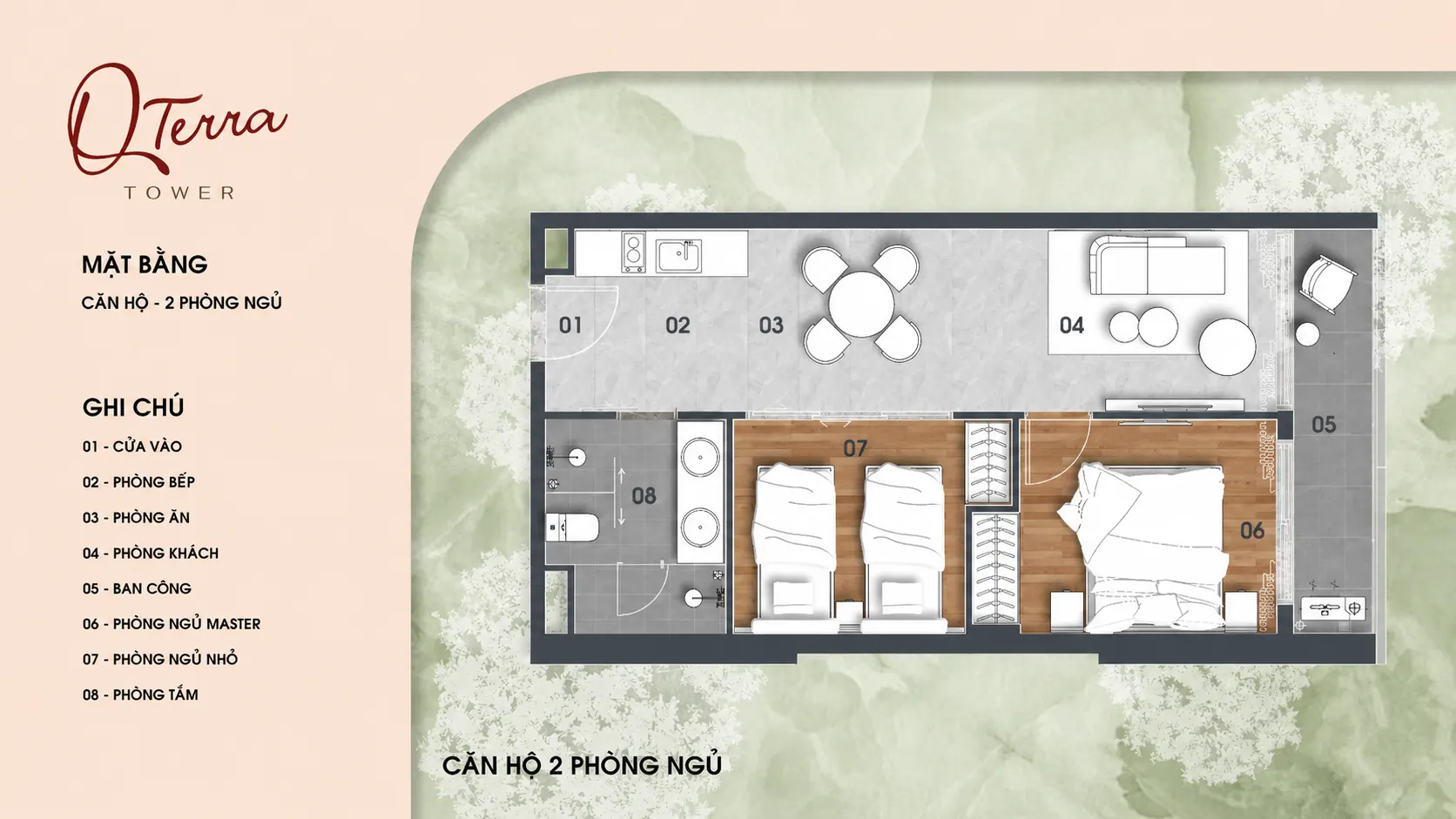Mặt bằng thiết kế căn hộ 2 phòng ngủ Q Terra Quy Nhơn