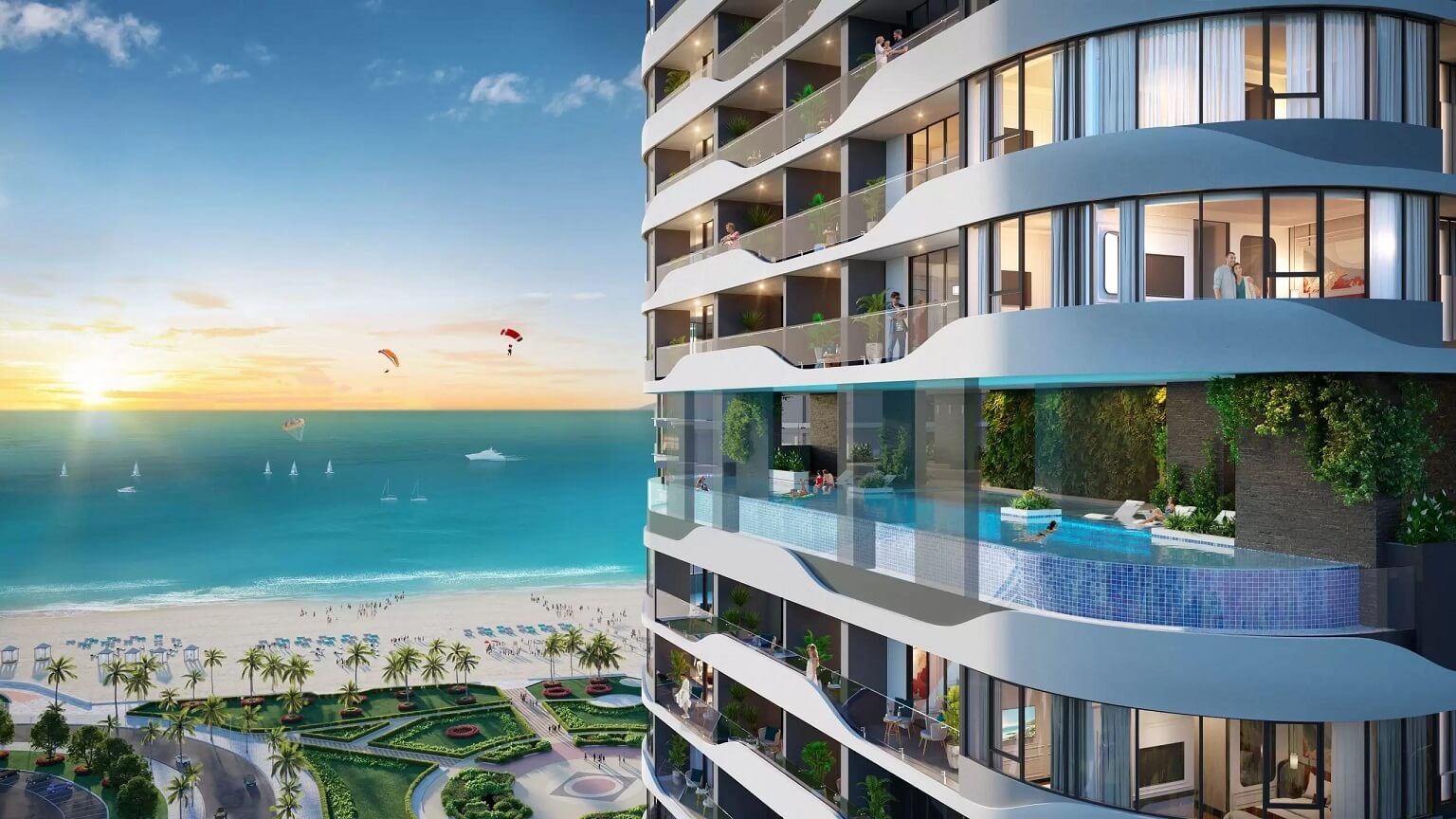 Phối cảnh góc nhìn từ trên cao tòa tháp Q1 Tower Q'Terra Quy Nhơn hướng biển
