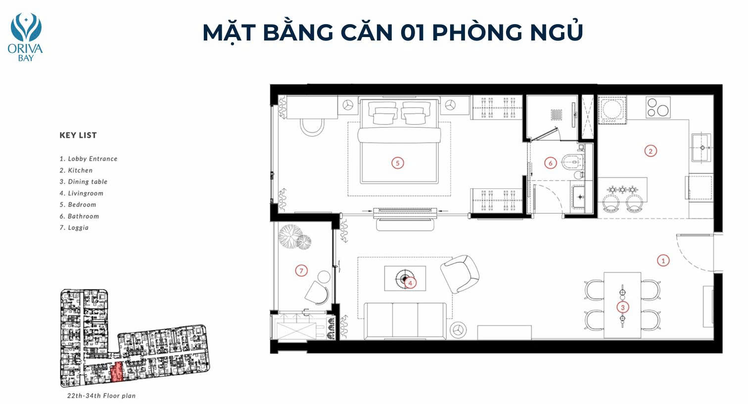 Mặt bằng thiết kế căn hộ 1 phòng ngủ dự án Oriva Bay Quy Nhơn