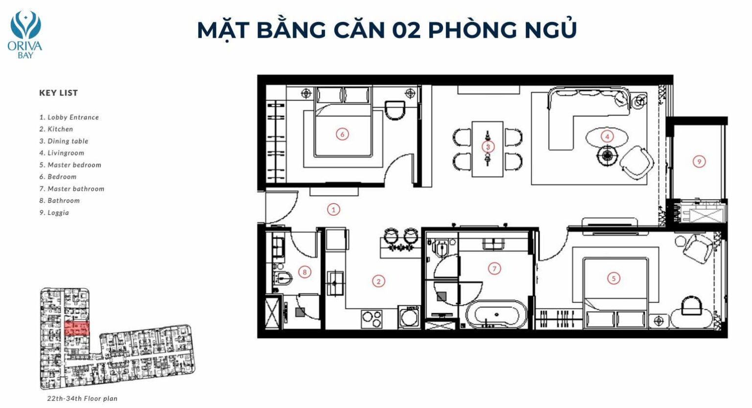 Mặt bằng thiết kế căn hộ 2 phòng ngủ dự án Oriva Bay Quy Nhơn