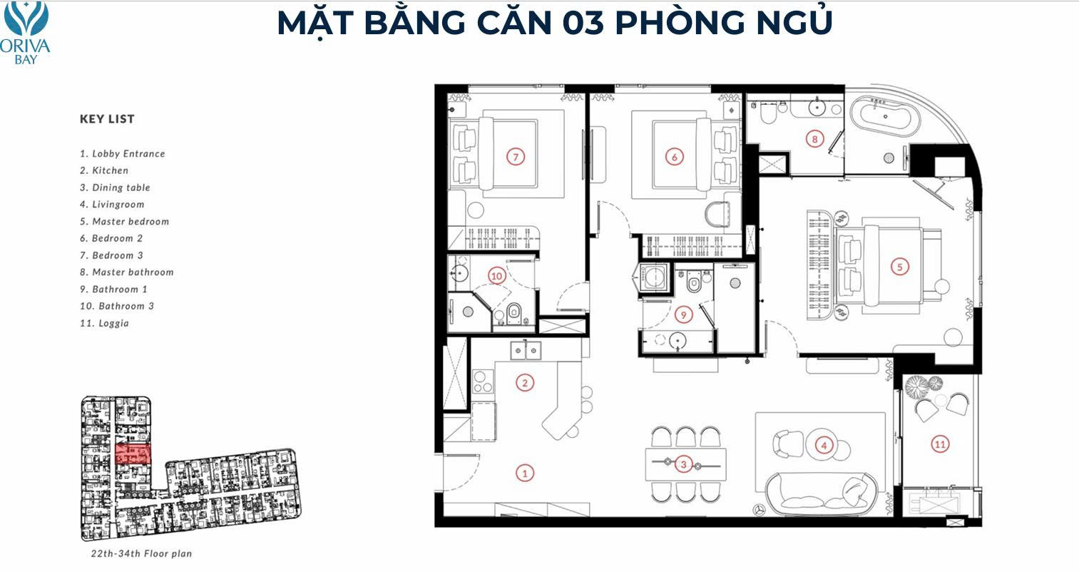 Mặt bằng thiết kế căn hộ 3 phòng ngủ dự án Oriva Bay Quy Nhơn