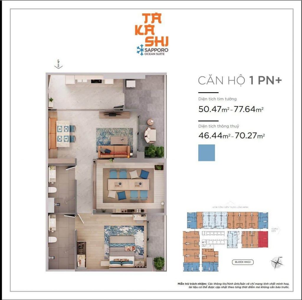 Thiết kế mặt bằng căn hộ 1 phòng ngủ dự án Takashi Ocean Suite Quy Nhơn