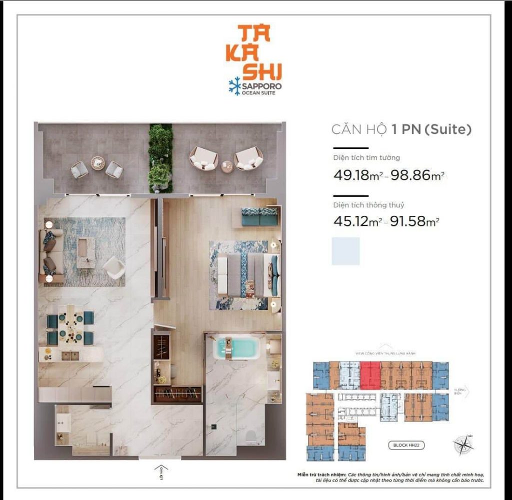 Thiết kế mặt bằng căn hộ 1 phòng ngủ Takashi Ocean Suite Quy Nhơn