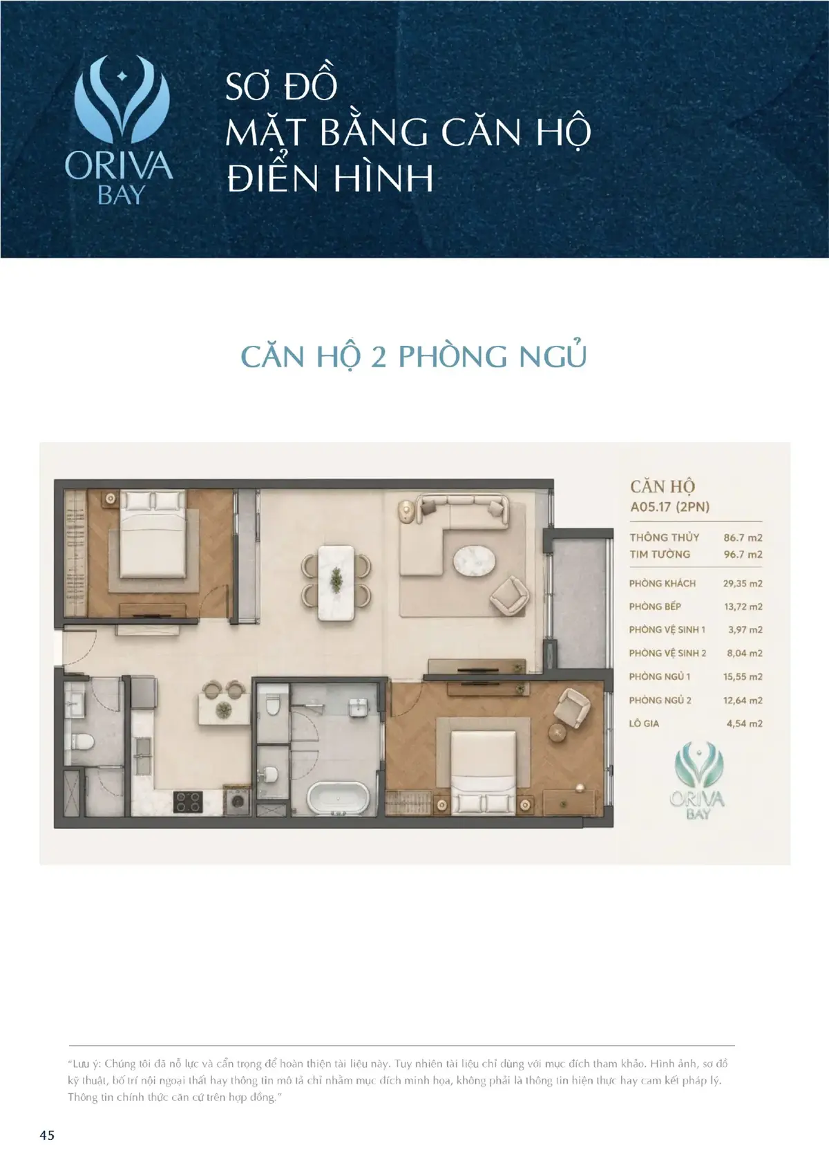 Mặt bằng căn hộ 2 phòng ngủ A05.17 Oriva Bay Quy Nhơn