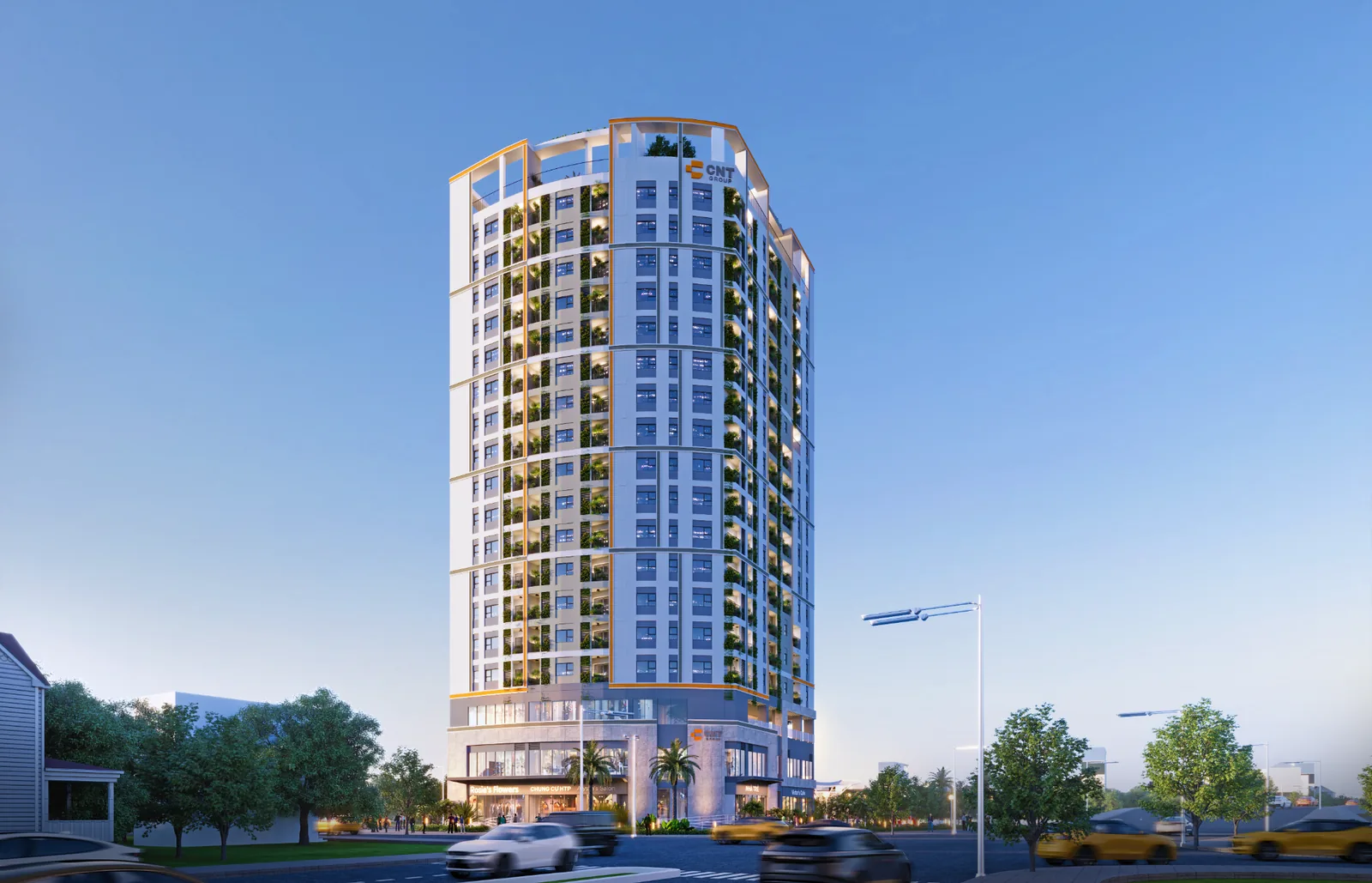 Phối cảnh mặt tiền Cyra Estero Quy Nhơn tại đường Huỳnh Tấn Phát với kiến trúc căn hộ hiện đại.