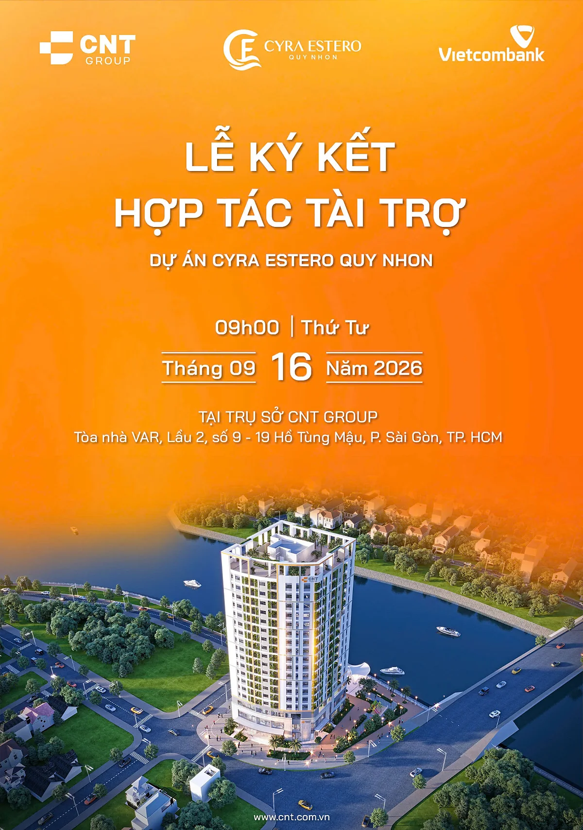 Thư mời lễ ký kết tài trợ Cyra Estero Quy Nhơn Thư mời lễ ký kết hợp tác tài trợ dự án Cyra Estero Quy Nhơn ngày 16 tháng 9 năm 2026