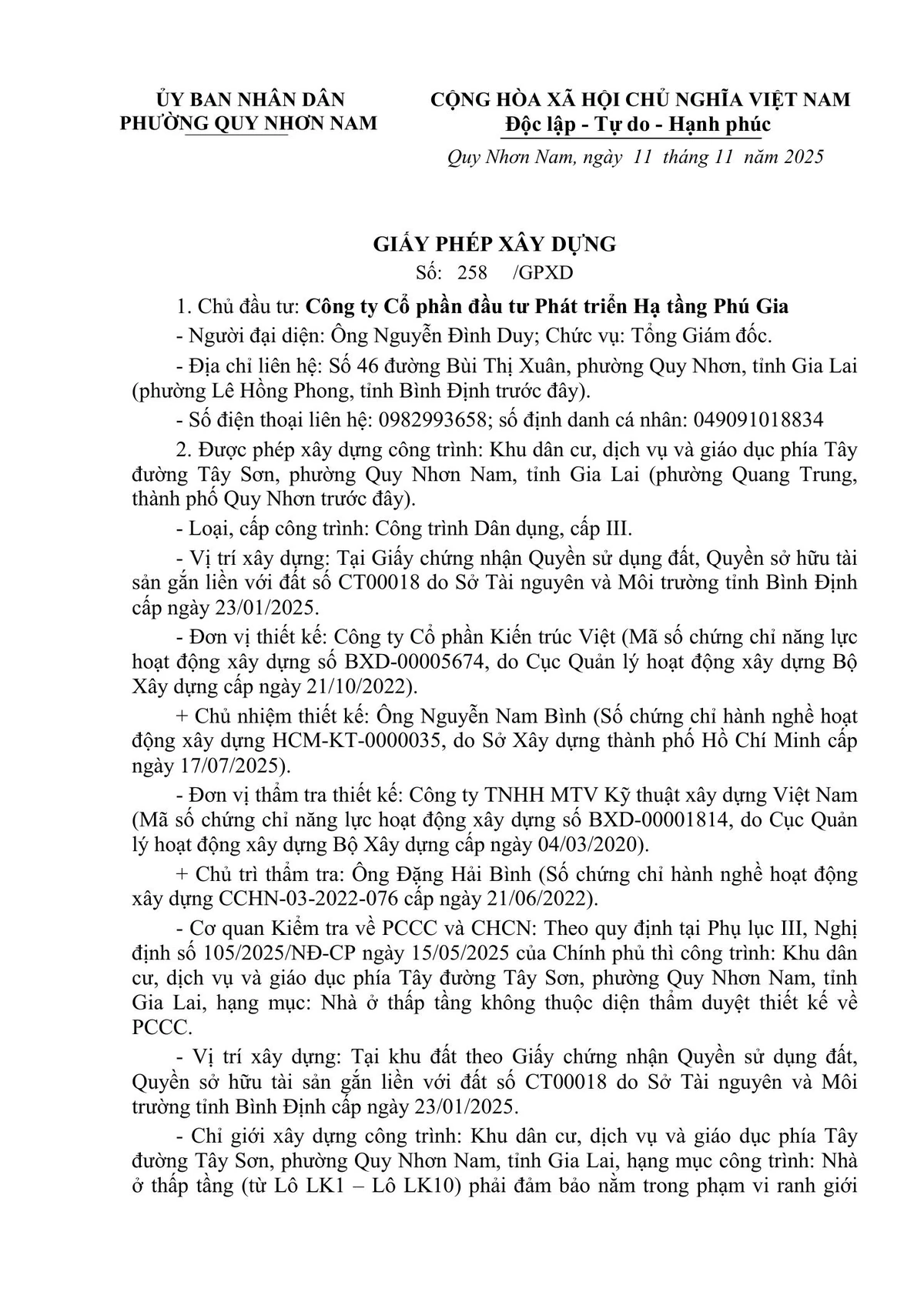 Giấy phép xây dựng nhà ở thấp tầng số 258 Giấy phép xây dựng nhà ở thấp tầng Phú Gia Royal Park Quy Nhơn số 258 năm 2025
