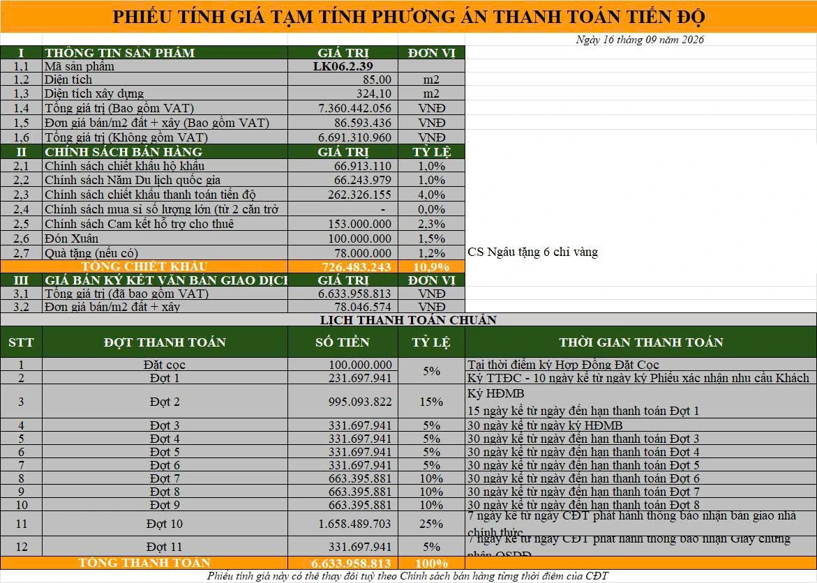 Phiếu tính giá LK06.2.39 ngày 16/09/2026 Phiếu tính giá tạm tính mã LK06.2.39 Phú Gia Royal Park Quy Nhơn ngày 16 tháng 9 năm 2026