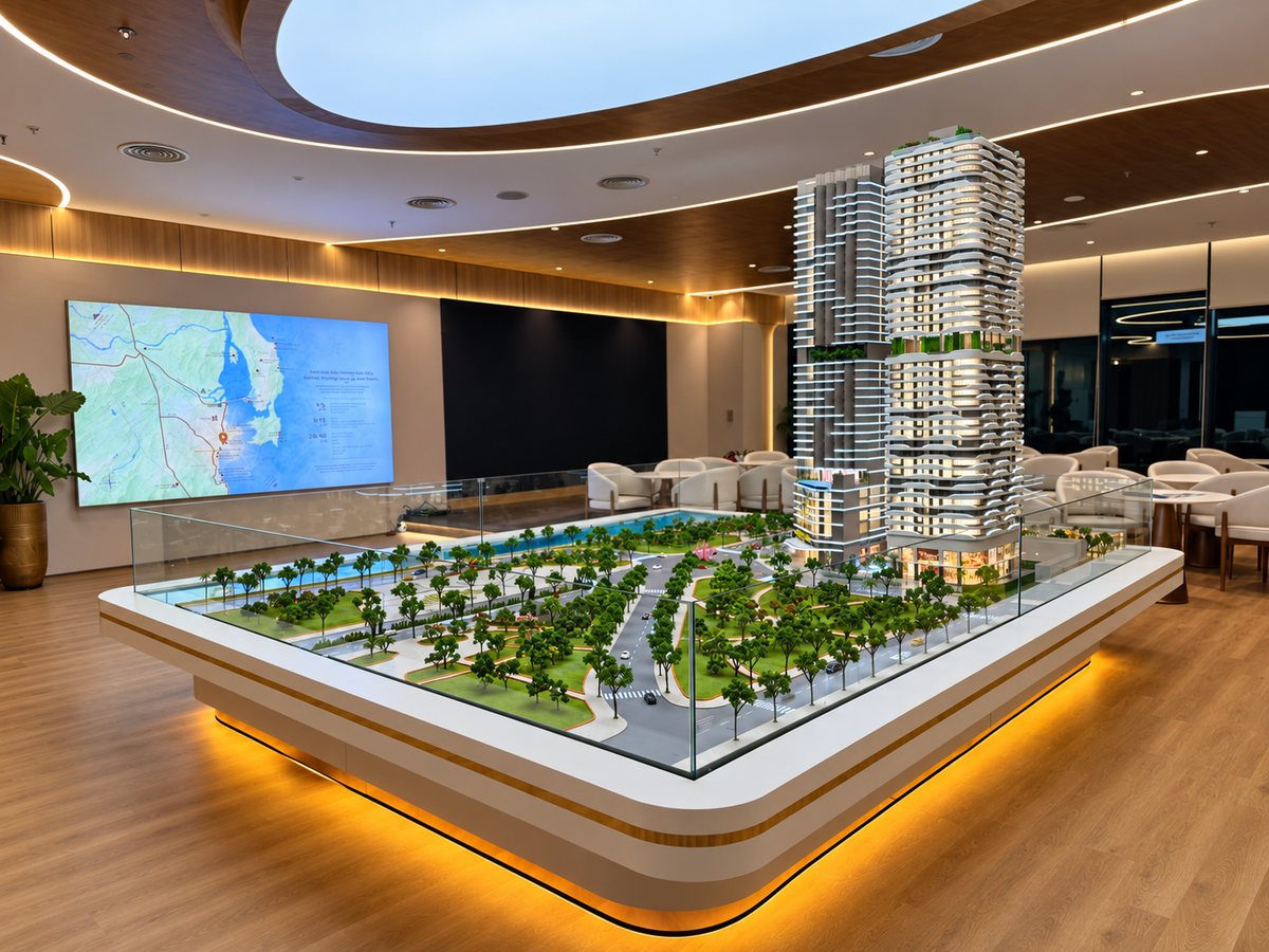 Sa bàn Q Terra Quy Nhơn với công trình và cảnh quan tại VPBH Hà Nội