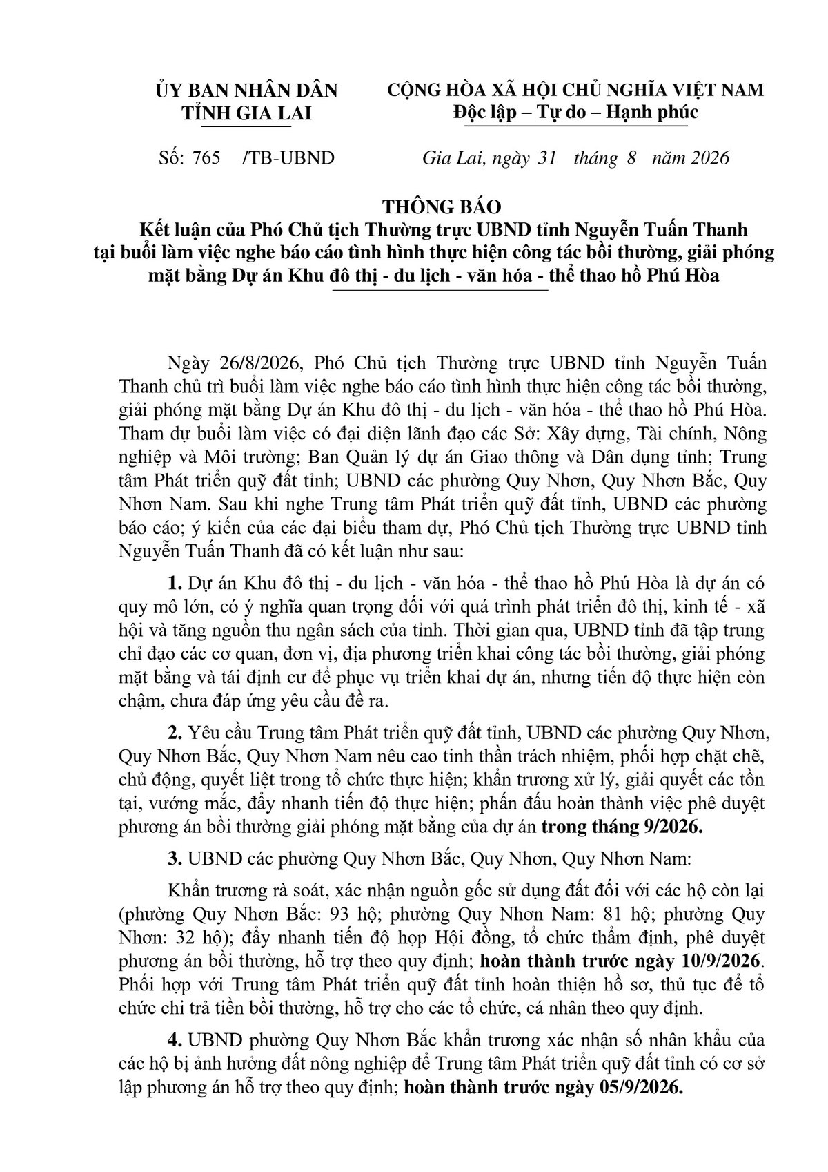 Thông báo 765/TB-UBND Hồ Phú Hòa - Trang 1 Trang 1 Thông báo 765 TB UBND về Dự án Hồ Phú Hòa