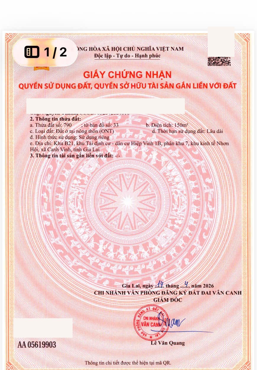 Giấy chứng nhận đất NB9 Hiệp Vinh 1B diện tích 150 m2