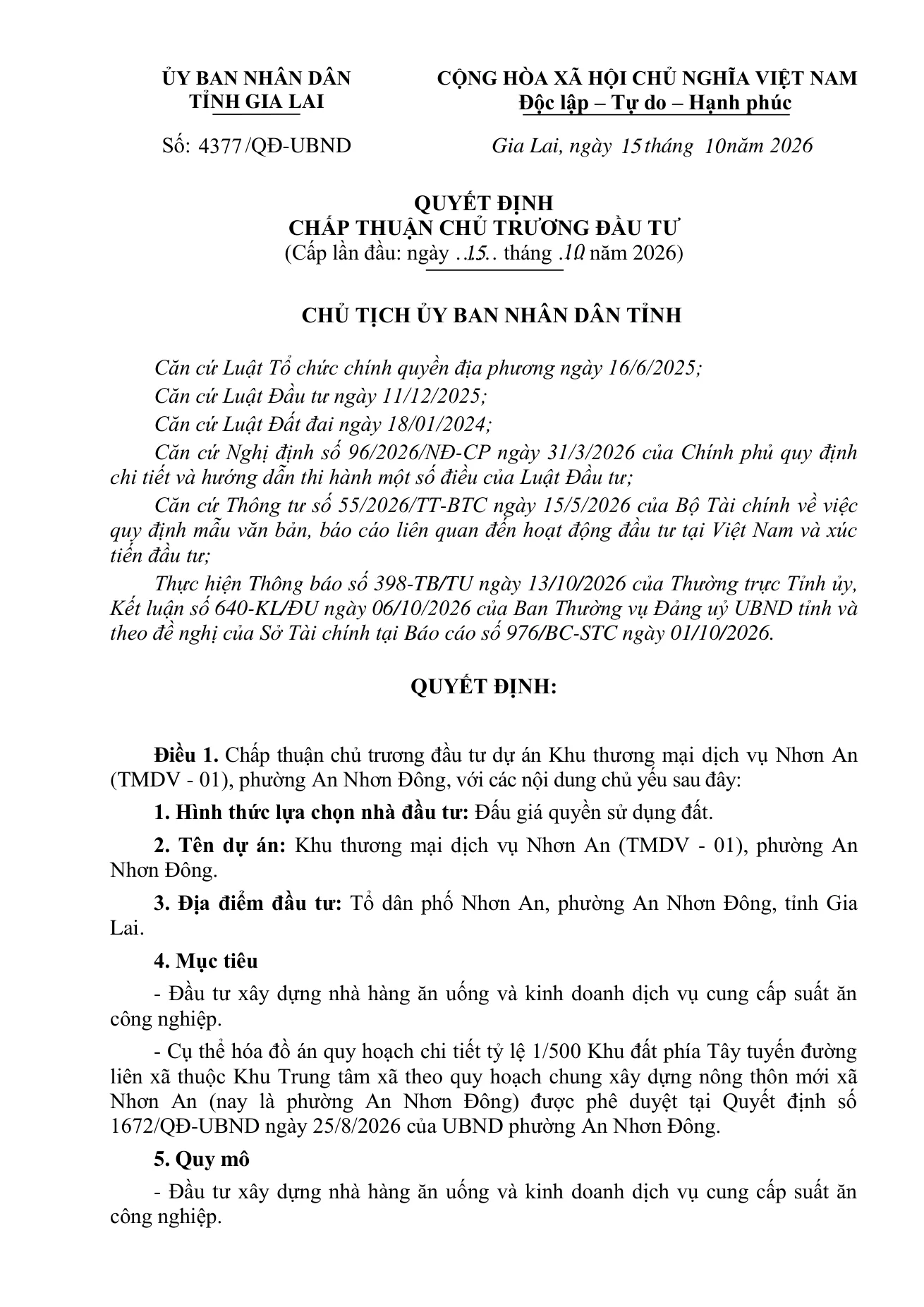 Quyết định 4377/QĐ-UBND ngày 15/10/2026 chấp thuận Khu thương mại dịch vụ Nhơn An – trang 1