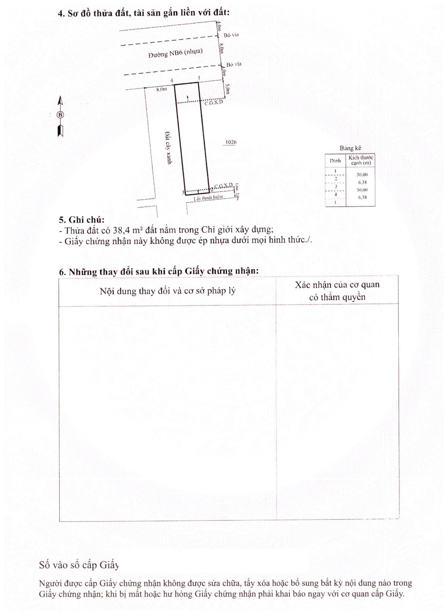 Sơ đồ lô đất đường NB6 Hiệp Vinh 1B ghi chú 38,4m2 trong chỉ giới xây dựng