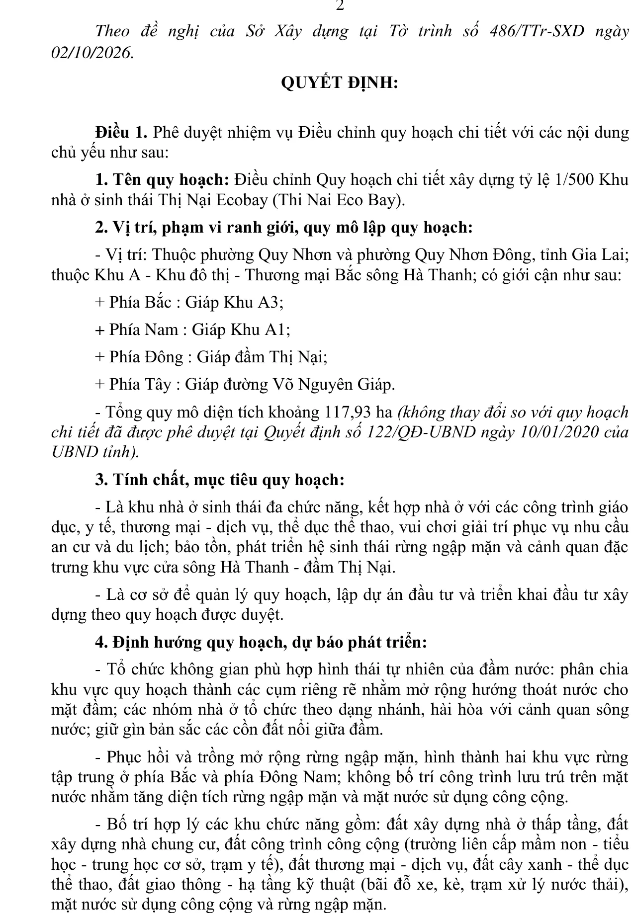 Trích nội dung Quyết định 4201/QĐ-UBND về vị trí, ranh giới, quy mô khoảng 117,93 ha và định hướng quy hoạch Thị Nại Eco Bay