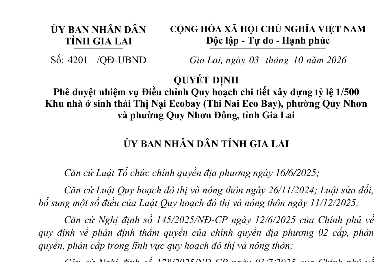 Trích Quyết định 4201/QĐ-UBND ngày 03/10/2026 phê duyệt nhiệm vụ điều chỉnh quy hoạch chi tiết 1/500 Thị Nại Eco Bay